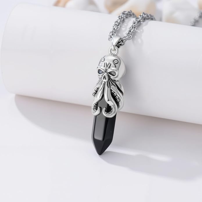 OHAYOO Octopus Tentacles Necklace 925 Sterling Silver Octopus Pendent Necklace Wrapped Obsidian Octopus Jewelry Gifts for Women