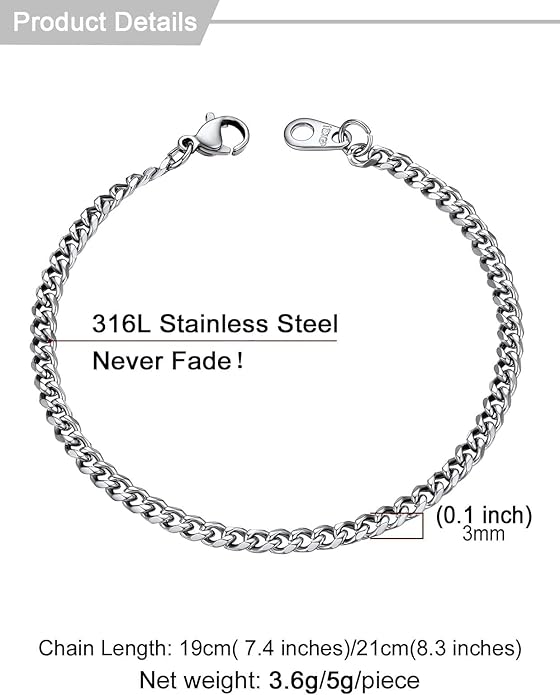U7 Link Bracelets for Men, Cuban Link/Rope/Watch Band Solid Bracelet, Silver Black Gold Color Wrist Bracelet 3/6/9/12/15mm Width, 6.5/7.5/8.3 Inch Length, Hand Chain Jewelry for Mens Women