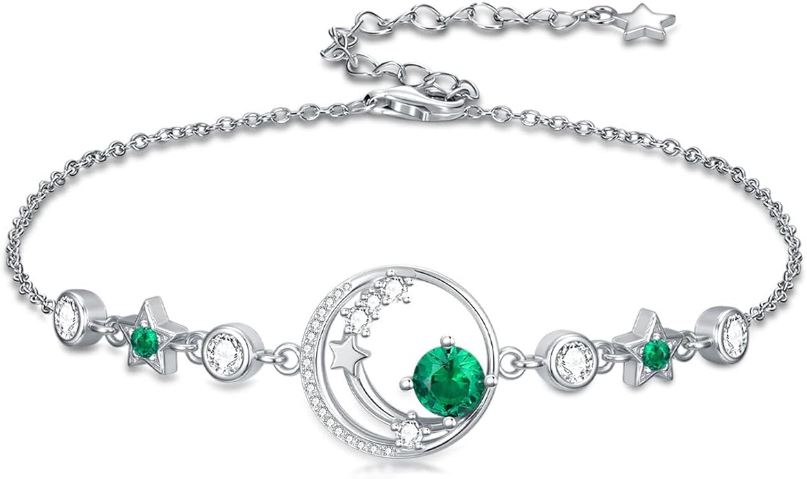 Moon and Star Birthstone Charm Link Bracelet 925 Sterling Silver Moon and Star Bracelet with 12 Months Birthstone Birthday Jewelry Gifts for Women Mom Her,Chain Length 7"+2" Extend