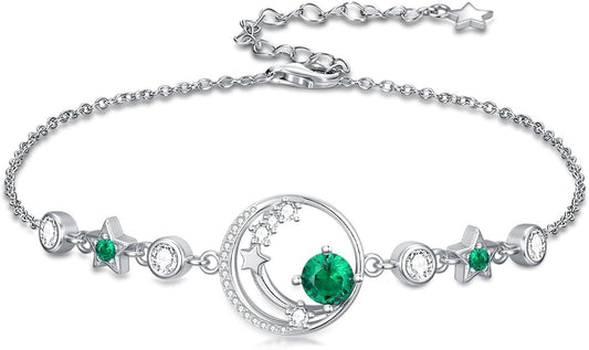 Moon and Star Birthstone Charm Link Bracelet 925 Sterling Silver Moon and Star Bracelet with 12 Months Birthstone Birthday Jewelry Gifts for Women Mom Her,Chain Length 7"+2" Extend