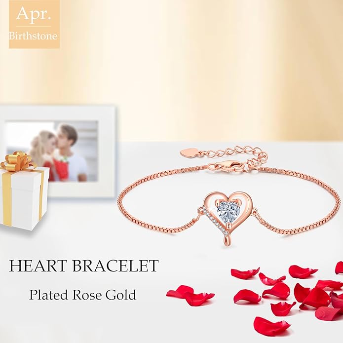 LAVUMO Love Heart Bracelets for Women 925 Silver Charm Birthstone Bracelet Adjustable Anniversary Birthday Jewelry Gifts for Women Girlfriend Wife Daughter Mom Her