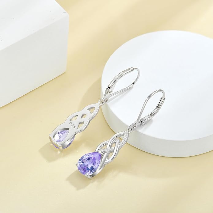 JO WISDOM Women Celtic Knot Infinity Dangle Earrings for Women Sterling Silver 7 * 9mm Birthstone Irish Twisting Drop Earrings Jewelry for Women