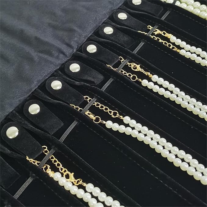 SCIKHEFT Portable Jewelry Roll Untangled Secure Necklace Travel Storage Bag Displays Holder 16 Chain (Black)