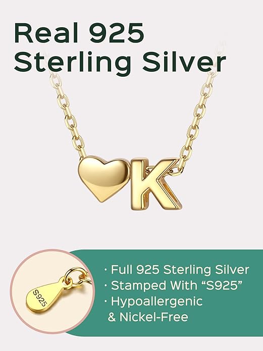 ChicSilver 925 Sterling Silver Heart Initial Necklaces for Women -Dainty Personalized Heart Pendant Letter Alphabet Necklace for Women