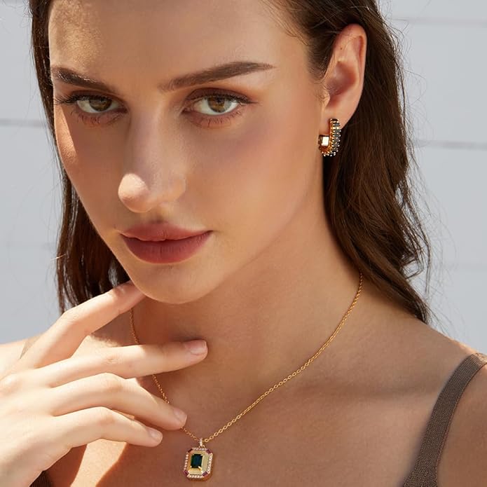 Green Crystal huggie gold hoop earrings for women Girls,14K Gold Plated with 925 Sterling Silver Post color Cubic Zirconia dainty cute Earrings| CZ Stud Earring