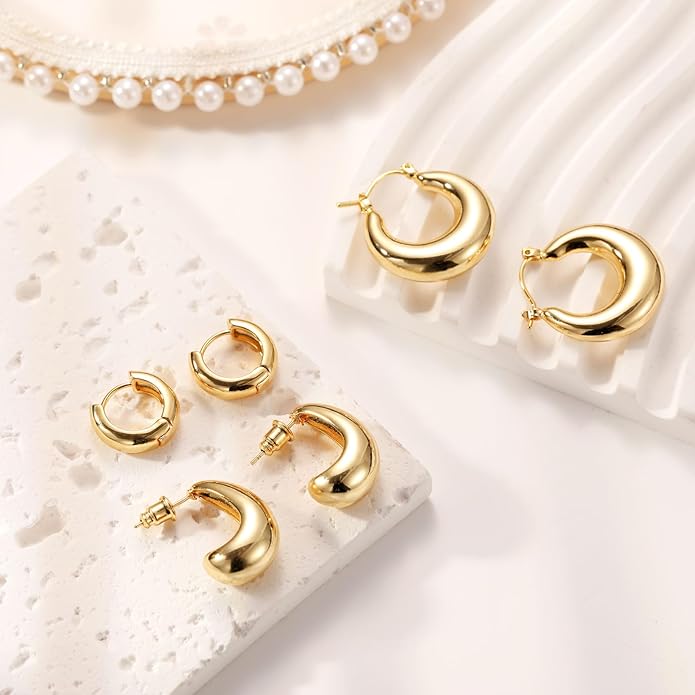 MIDEEO Gold/Sliver Chunky Hoop Earrings Set for Women, 14K Gold Plated Twisted Huggie Hoop Earring Hypoallergenic Thick Open Lightweight Chunky Hoop Earrings Jewelry for Gifts