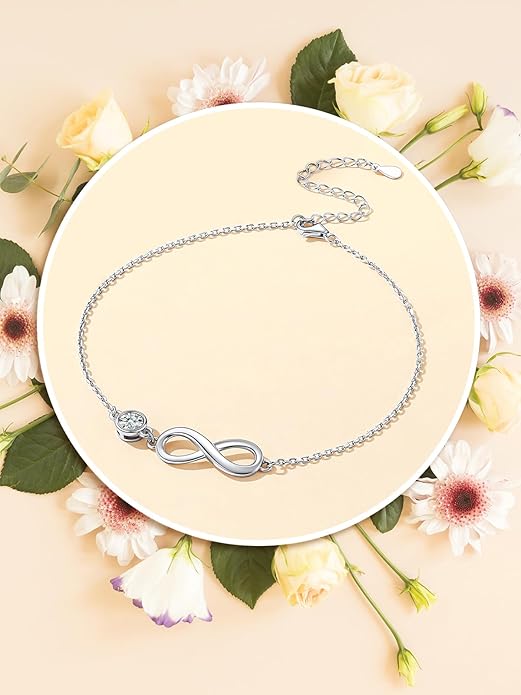 Custom4U Personalized Infinity Ankle Bracelets for Women 925 Sterling Silver Anklet Bracelet Endless Love Symbol Birthstone Charm Adjustable Foot Chain Jewelry Mothers Day Gifts for Mom Wife Women Her