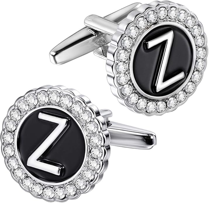 HAWSON A-Z Initial Cufflinks for Men and Women with Clear Crystal, Gold Silver Color Rasied Letter A-Z Cuff Links for French Shirt, Gift for Normal and Business Wearing