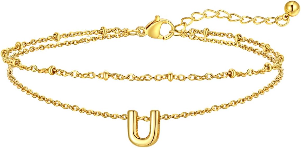 FaithHeart Initial Ankle Bracelets for Women, Waterproof 14k Gold Plated Initial Anklets Non Tarnish Stainless Steel Layered Anklet Summer Beach Foot Jewelry