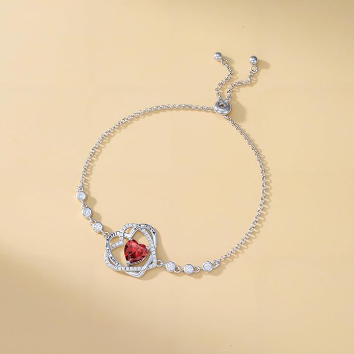 TOUPOP Heart Birthstone Bracelet 925 Sterling Silver Double Heart Bracelet Love You for Always and Forever Jewelry Anniversary Birthday Christmas Gifts for Women Wife Her