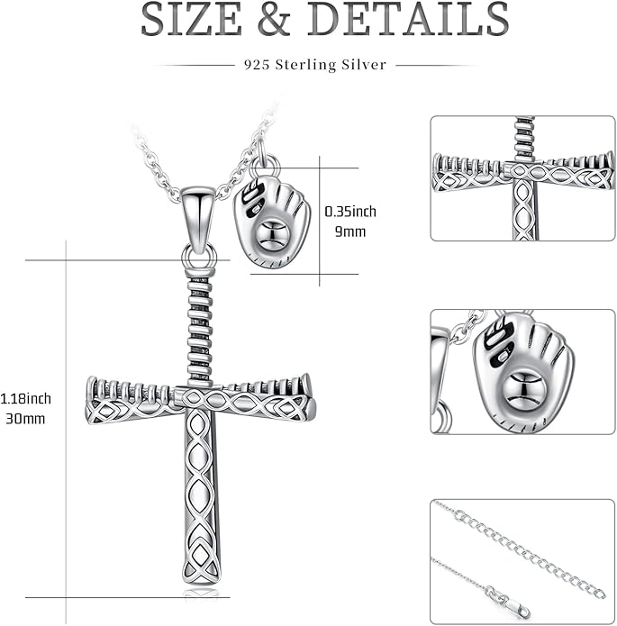 Taioiat Baseball Necklace for Men 925 Sterling Silver Sports Necklace Baseball Cross Necklace Jewelry Gifts for Women Men
