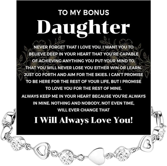 To My Bonus Daughter Heart Bracelet Gift, Beautiful Bonus Daughter Jewelry From Step Mom Dad With Message Card and Box Meaning, Christmas Graduation Birthday Gifts, To My Stepdaughter Bracelet