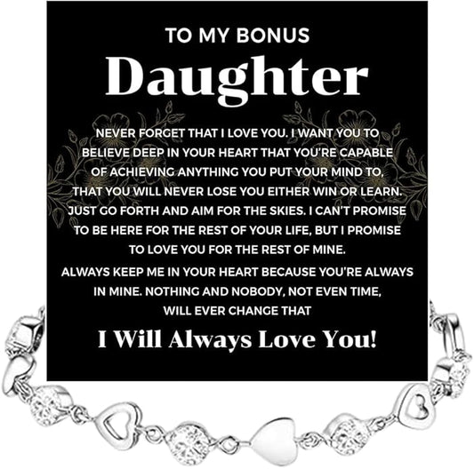 To My Bonus Daughter Heart Bracelet Gift, Beautiful Bonus Daughter Jewelry From Step Mom Dad With Message Card and Box Meaning, Christmas Graduation Birthday Gifts, To My Stepdaughter Bracelet