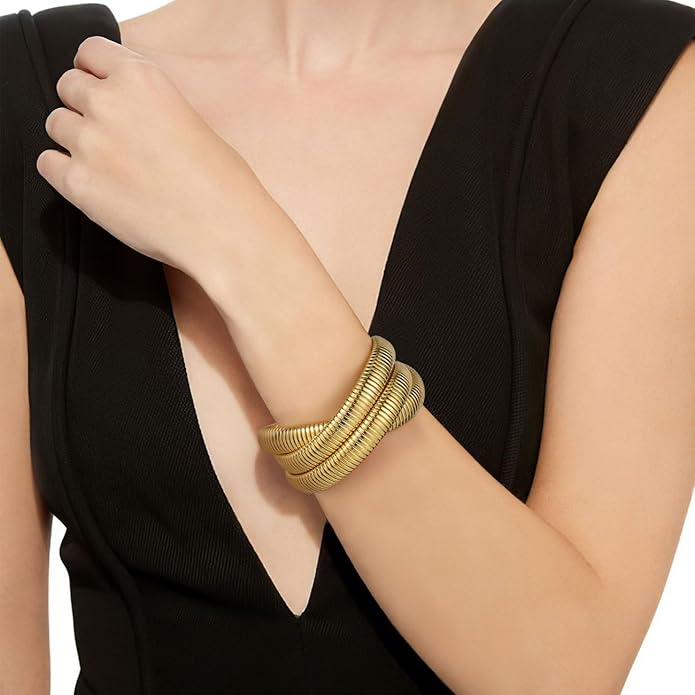 Emibele Gold Bangles Bracelet Set for Women, 18K Gold Plated Chunky Stainless Steel Non Tarnish Stretch Bracelet Stack, Flexible Wide Wristband Bangle Layered Snake Chain Bracelets
