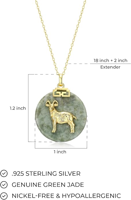 ETERNAL JADE .925 Sterling Silver 18K Gold Plated Chinese Zodiac Sign Pendant Necklaces for Women - Hypoallergenic Genuine Green Jade Gold Necklace for Women Zodiac Year Jewelry, 18 inch Chain