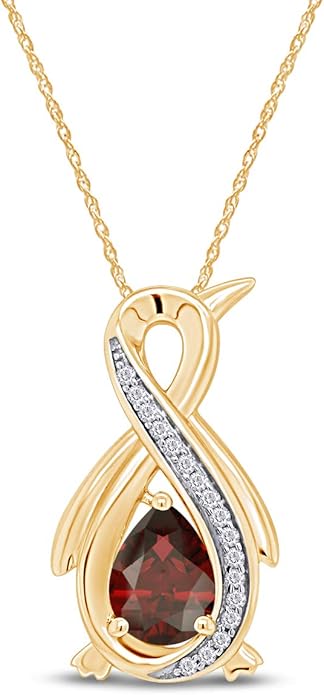 Infinity Penguin Pendant Necklace for Women, 14K Gold Over Sterling Silver with Pear & Round Cut Simulated Birthstone & White Diamond Accents, Dainty Animal Jewelry Gift with 18" Chain