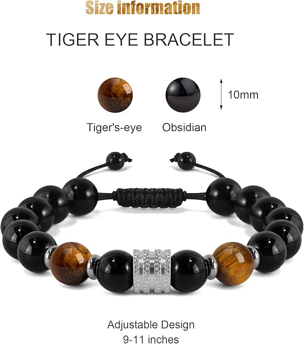 Hamoery Bracelets for Men Natural Tiger Eye Stone Beads Braided Rope Bracelet Gift for Dad Husband