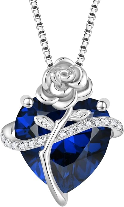 Birthstone Necklace for Women 925 Sterling Silver Love Heart Rose Flower Necklace Dainty Jewelry Gifts for Women Wife Girlfriend Mother Daughter Her