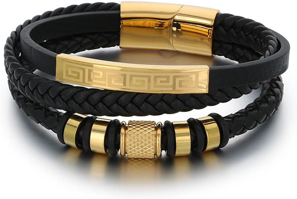 Italian Handmade Genuine Leather Bracelets for Men Stainless Steel Clip, Men's Casual Genuine Multi-layer Cuff Bracelet, Bracelet Gift for Real Men