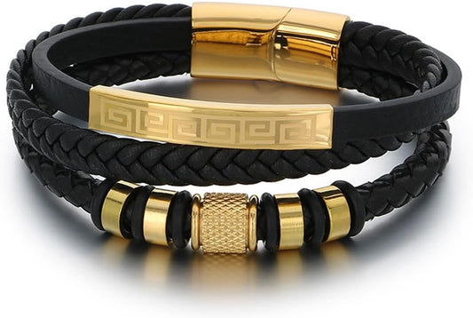 Italian Handmade Genuine Leather Bracelets for Men Stainless Steel Clip, Men's Casual Genuine Multi-layer Cuff Bracelet, Bracelet Gift for Real Men