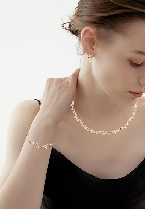 Austrian Crystal Rhinestone Choker Necklace Dangle Earring Link Bracelet Jewelry Set for Brides Bridesmaid Prom Costume Accessories for Women