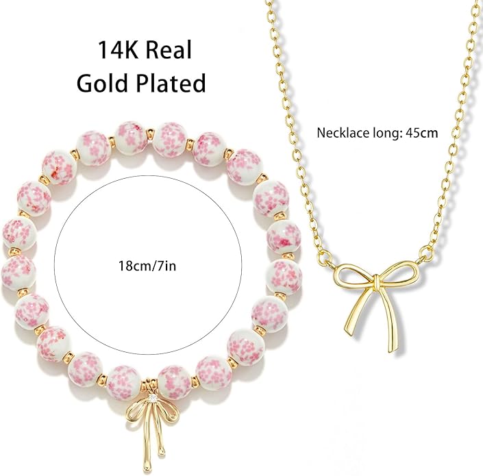 Qiuseadu Bow Bracelet Necklace Set 14K Gold Beaded Bracelet Dainty Bow Pendant Choker Jewelry Gift Set