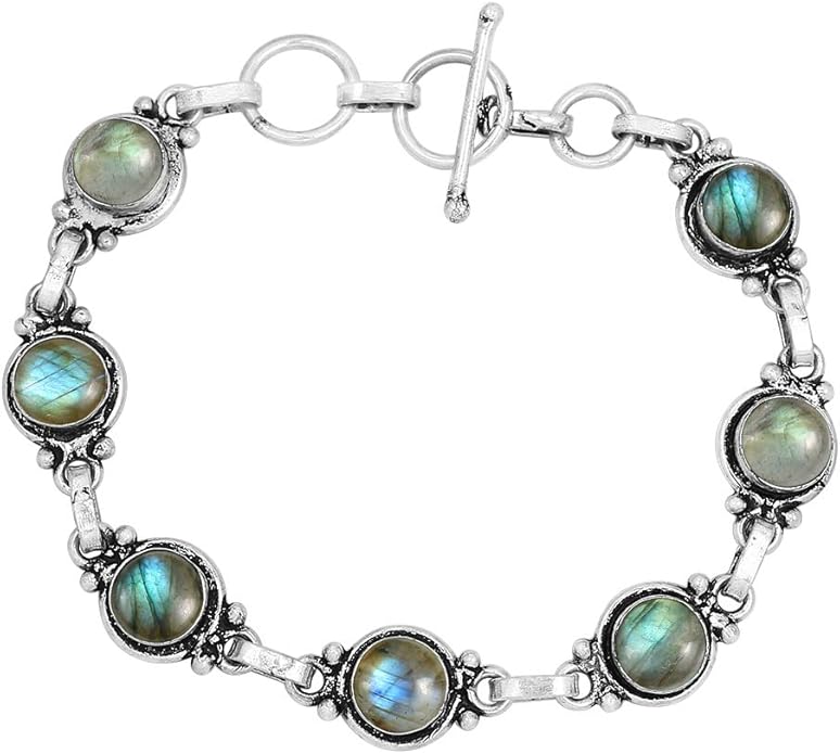 Round Shape Natural & Synthetic Gemstones Silver Plated Bracelets for Women - Vintage Bohemian Style Handmade Birthstone Adjustable Link Bracelet Jewelry Gifts for Wedding Anniversary Mother's Day