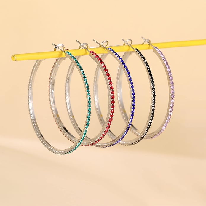 925 Sterling Silver Earrings Large Rhinestone Hoop Earrings Big Cubic Zirconia Hoop Earrings Thin Rhinestones Round Hoop Earrings for Women 20/30/40/50/60/70mm Sparkly Hoops With Crystals for Womens