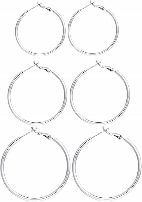3 Pairs Sterling Silver Hoop Earrings, 14K White Gold Plated Big Hoop Earrings Set for Women 40 50 60MM
