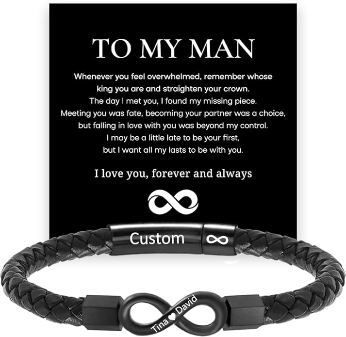 To My Man, Personalized Dual Name Infinity Leather Bracelet, Custom Name Text and Symbol Stainless Steel Braided Bracelet for Men/Women, for Xmas, Birthday, Anniversary, Valentine