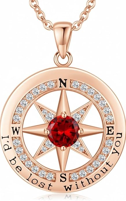 Compass Necklace for Women Wife Girlfriend Mom Daughter Gifts S925 Silver Jewelry For Anniversary Rose Gold Gifts For Birthday Christmas Mothers Valentines Day 12 Birthstones