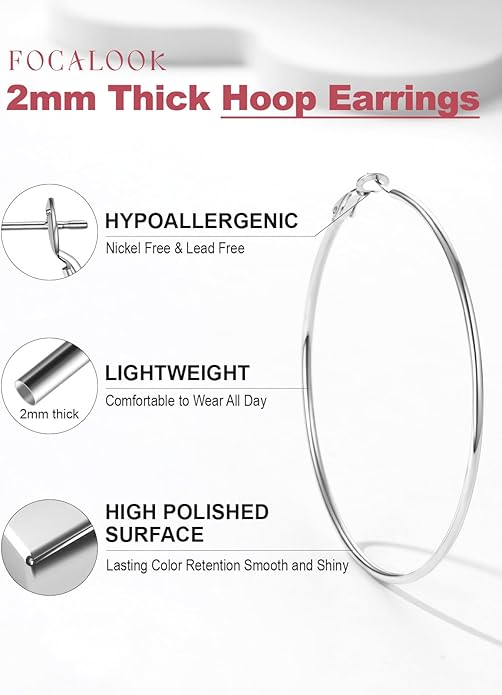 FOCALOOK 14K Gold Plated Lightweight Large Hoops| 2mm Thin Hoop Earrings for Women 30/40/50/70/100mm