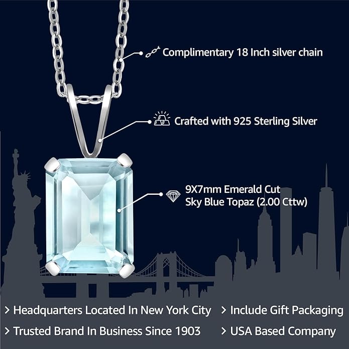 Gem Stone King Emerald Cut Pendant Necklace For Women | 925 Sterling Silver | Emerald Cut 9X7MM | Gemstone Birthstone | Fine Jewelry for Her Mom Wife | With 18 Inch Silver Chain