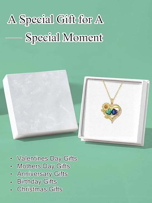Sunflower Heart Necklace for Women 14K Gold Exquisite Anniversary Birthday Gifts for Wife Mother Her Double Birthstone Pendant jewelry‘You Are My Sunshine’