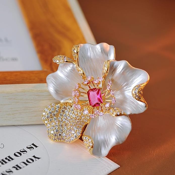 Rhinestone White Peony Brooch Pin - Gold Plated | Ideal Gift for Mom & Wife on Thanksgiving Day, Birthdays & Weddings