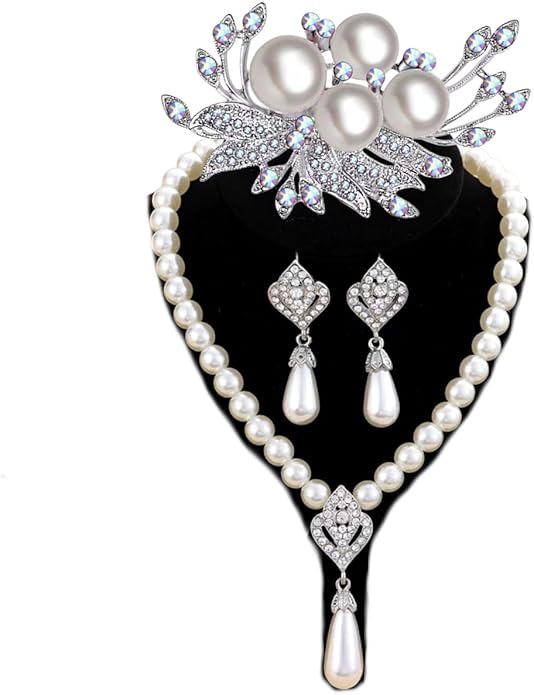 la luen Pearl Bride Wedding Jewelry Set Faux Pearls Crystal Rhinestone Necklace Earrings Bracelet Sets for Women Bridesmaid(3 PCS)