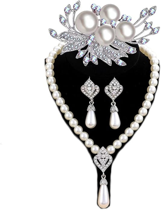 la luen Pearl Bride Wedding Jewelry Set Faux Pearls Crystal Rhinestone Necklace Earrings Bracelet Sets for Women Bridesmaid(3 PCS)