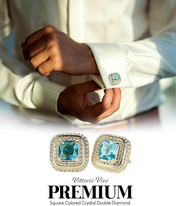 Vittorio Vico Square Colored Crystal Double Diamond Set Cufflinks