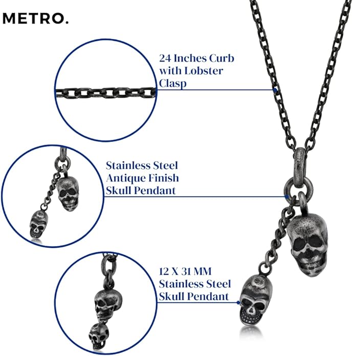 Metro Jewelry Double Skull Necklace for Men in Stainless Steel with Antique Finish on 24 Inch Curb Chain with Lobster Claw