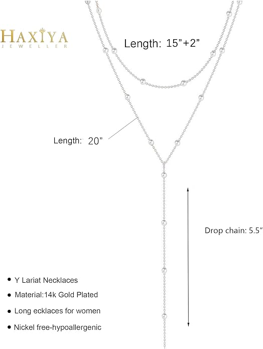 HAXIYA Lariat Gold Necklace for Women Dainty Long Necklace 14k Gold Plated/Silver Y-Shaped Pendant Drop Chain Trendy Layered Pearl/Beaded/CZ Necklaces Simple Gold Jewelry For Women Gift