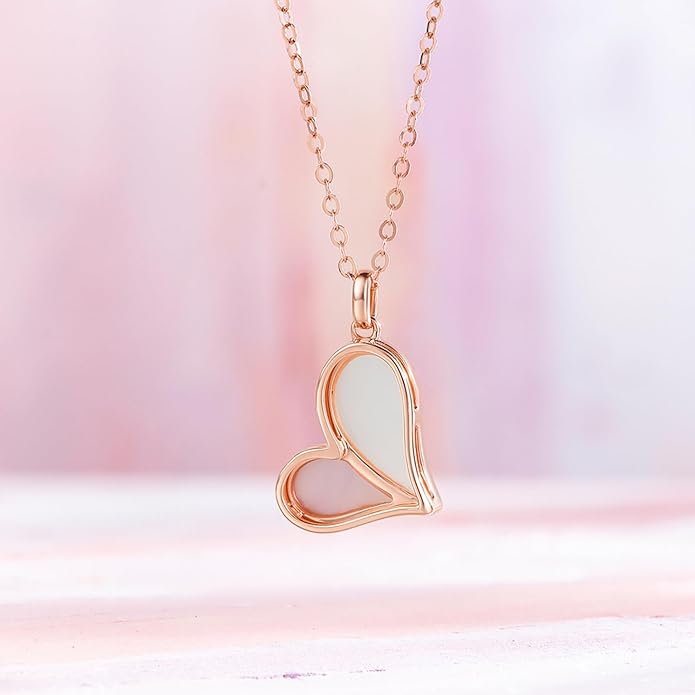 ZHOU LIU FU Heart Necklace 18K/750 Rose Gold Necklace with Diamond White Pink Mother of Pearl Jewelry 40+5CM Adjustable Chain Gifts for Women Girlfriend Wife Best Friends