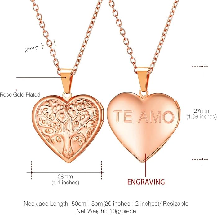 U7 Women Locket Necklace Platinum 14K Gold Photo Lockets that Hold Picture,Chain 20 Inch Personalized Gift Custom Love Heart Image Necklaces