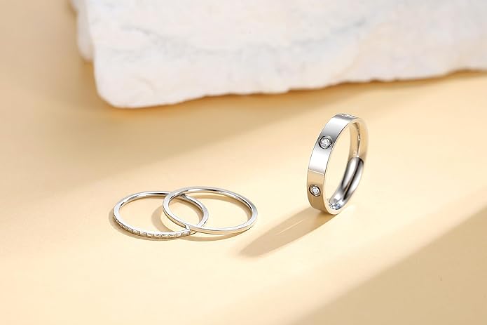Kenizum Elegant 3PCS Cubic Zirconia Stackable Love Rings for Women, 18k Gold-Plated Silver-Plated 316L Stainless Steel Hypoallergenic Jewelry, Easter Anniversary Birthday Gifts for Mom friends Sister