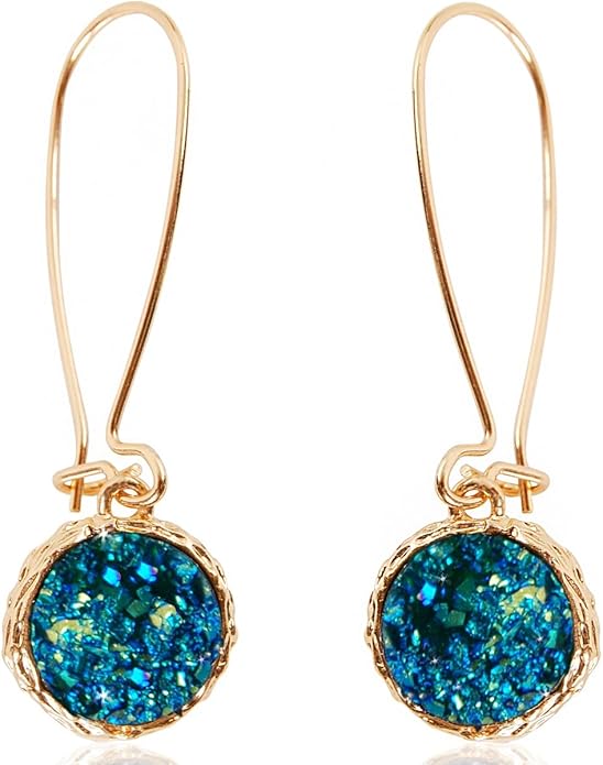 Simulated Druzy Threader Drop Earrings for Women - Gold, Silver, or Rose Gold Tone Trendy Boho Dangles with Sparkly Round Stone