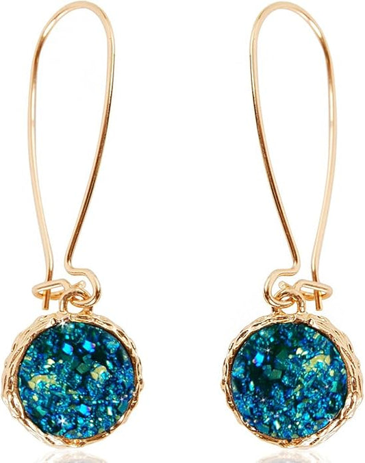 Simulated Druzy Threader Drop Earrings for Women - Gold, Silver, or Rose Gold Tone Trendy Boho Dangles with Sparkly Round Stone