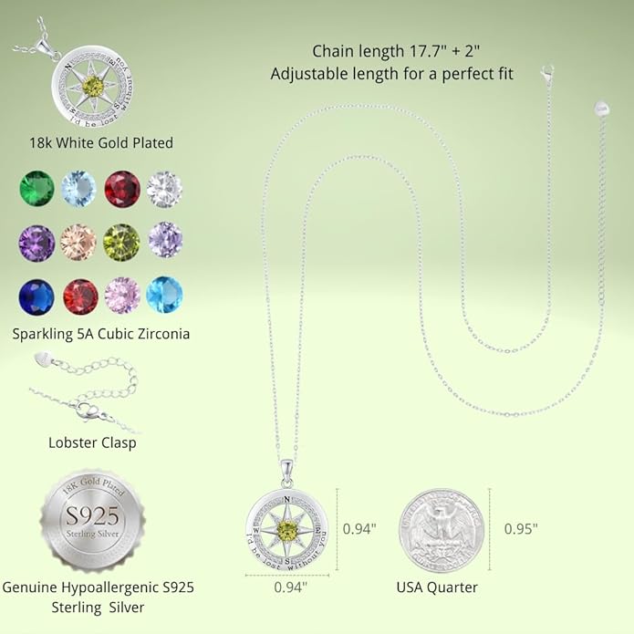 Compass Necklace for Women Wife Girlfriend Mom Daughter Gifts S925 Silver Jewelry For Anniversary Rose Gold Gifts For Birthday Christmas Mothers Valentines Day 12 Birthstones