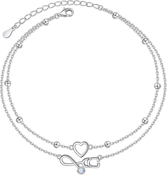 FLYOW Anklet for Women S925 Sterling Silver Adjustable Foot Beaded Heart Charm Ankle Bracelet Anklets Jewelry