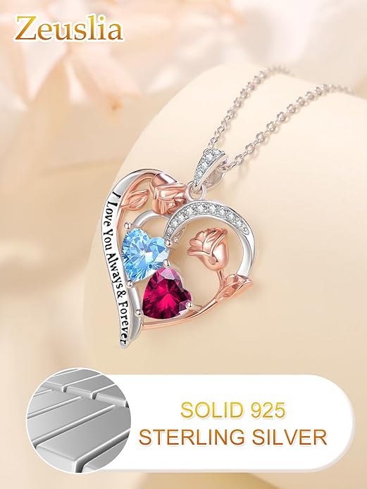 Zeuslia Double Birthstone Necklace Gifts for Wife - 925 Sterling Silver Sunflower/Rose/Crown Cross/Compass/Heart Pendant I Love You Necklace, Anniversary Birthday Gifts for Wife Girlfriend Mom Her