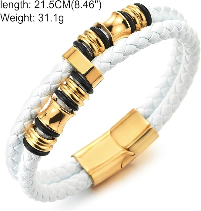 COOLSTEELANDBEYOND Mens Double-Row Braided Leather Bracelet Bangle Wristband with Stainless Steel Ornaments