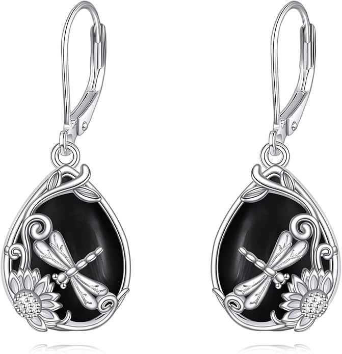 Dragonfly/Filigree Boho Black Onyx Earrings 925 Sterling Silver Black Onyx Dangle Drop Earrings Jewelry Gift for Women